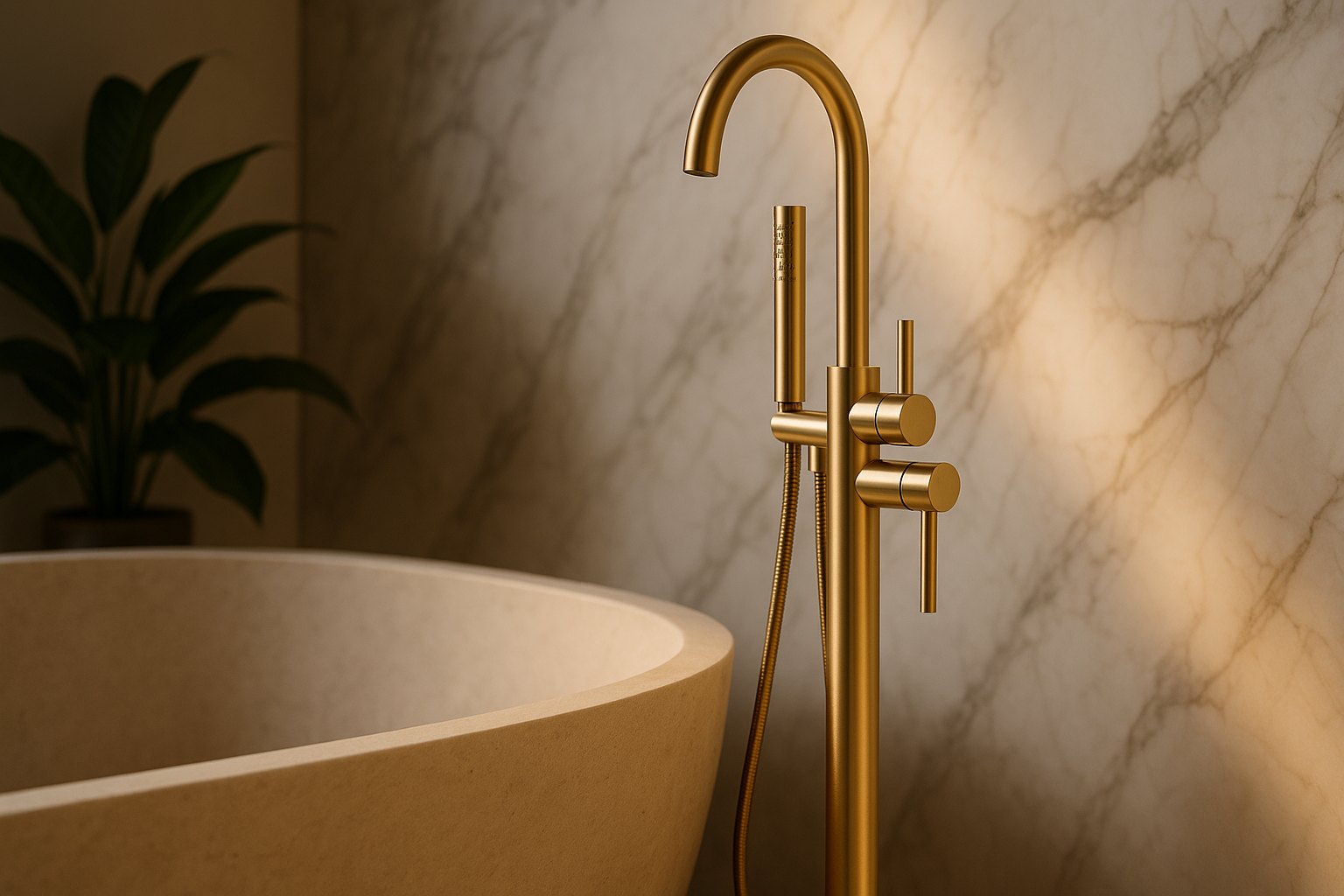 Geborsteld gouden badmengkraan met handdouche bij een vrijstaand bad in een luxe badkamer