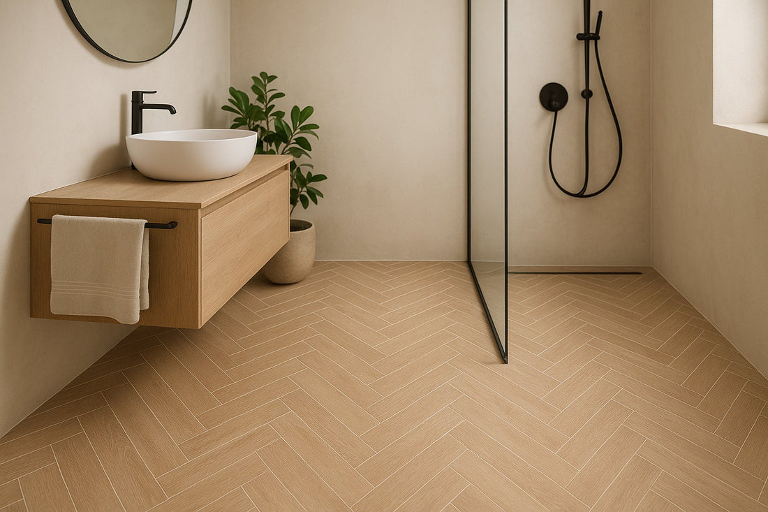 Houtlook tegel in visgraat op de vloer van een warme moderne badkamer