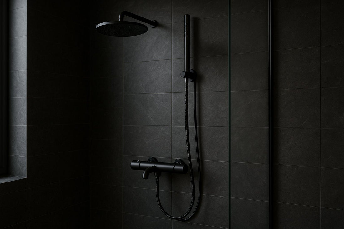 Mat zwarte thermostatische douchekraan in een ruime inloopdouche met glazen wand