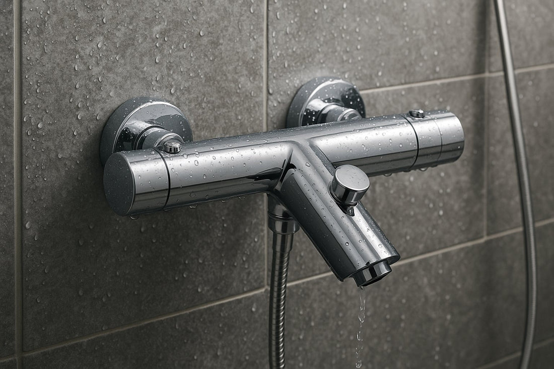 Close-up van een chromen thermostatische douchekraan op een grijze tegelwand