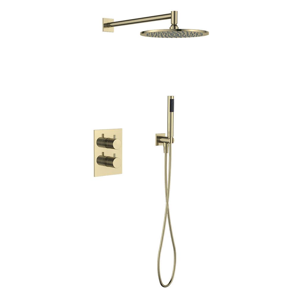 Regn complete thermostatische regendouche inbouwset met rechthoekige plaat, geborsteld goud
