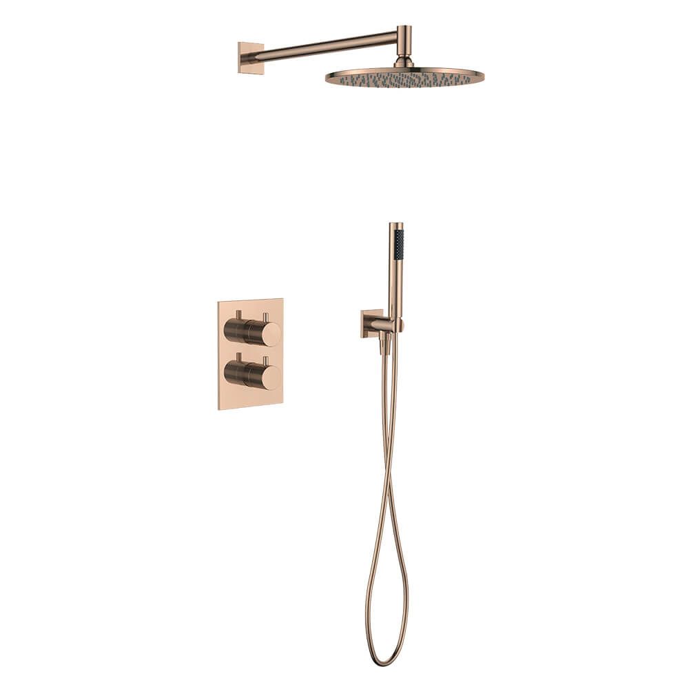Regn complete thermostatische regendouche inbouwset met rechthoekige plaat, geborsteld koper