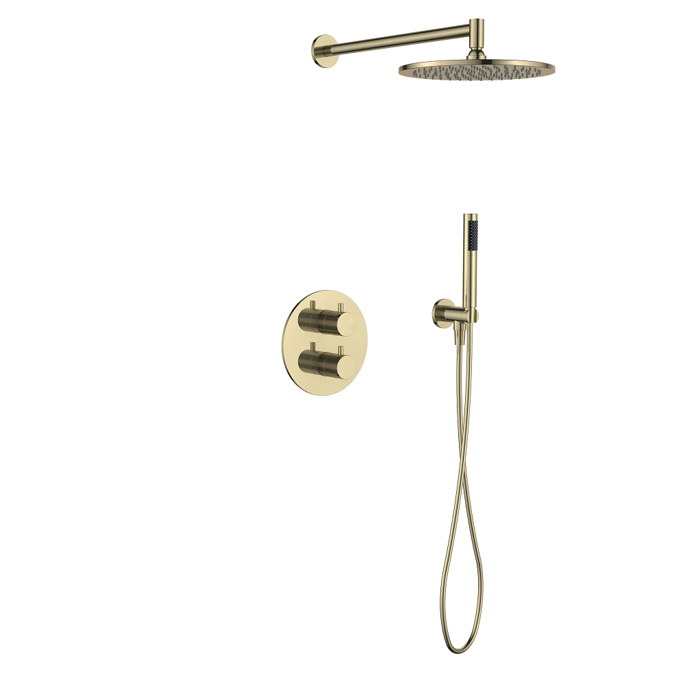 Regn complete thermostatische regendouche inbouwset met ronde plaat, geborsteld goud