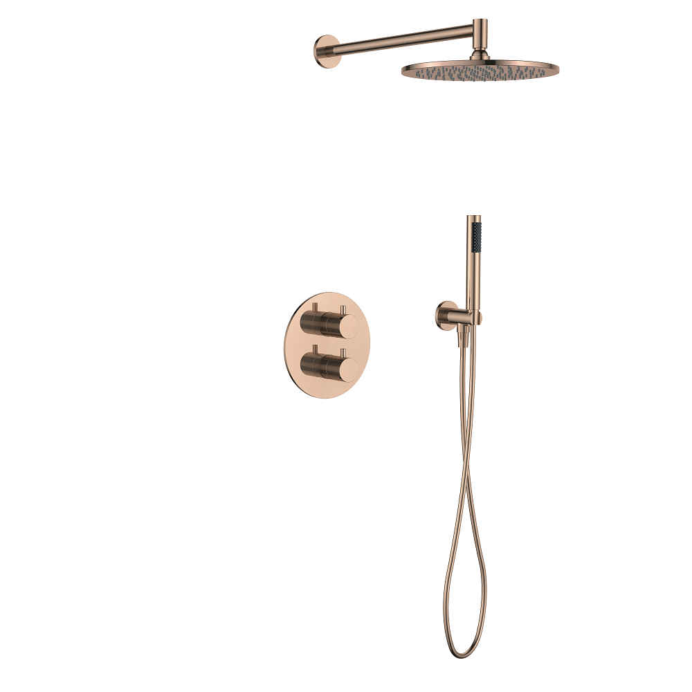 Regn complete thermostatische regendouche inbouwset met ronde plaat, geborsteld koper