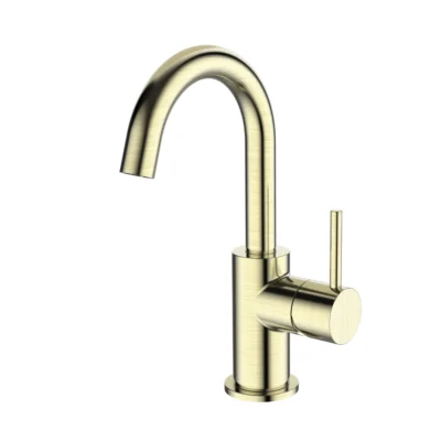 Regn wastafelmengkraan hoog met gebogen uitloop en coldstart champagne 10003CH